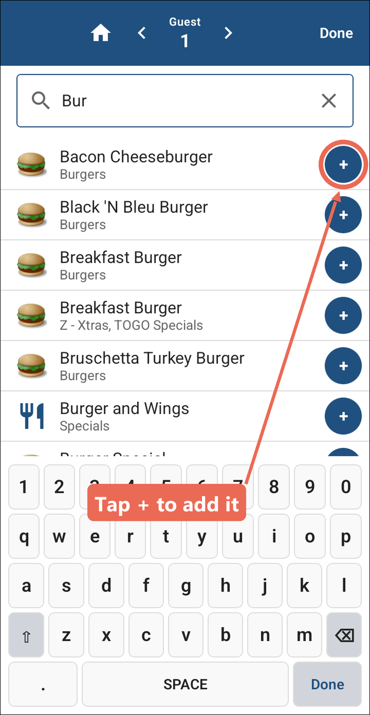 The search results with the + button next to Bacon Cheeseburger marked