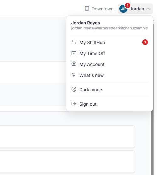The account menu