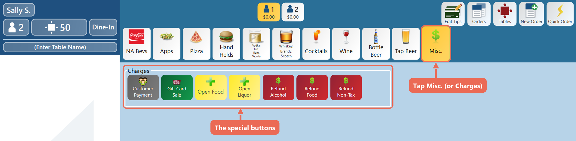 The order screen with the Misc. tab open and its Charges buttons boxed: Customer Payment, Gift Card Sale, Open Food, Open Liquor, Refund Alcohol, Refund Food and Refund Non-Tax