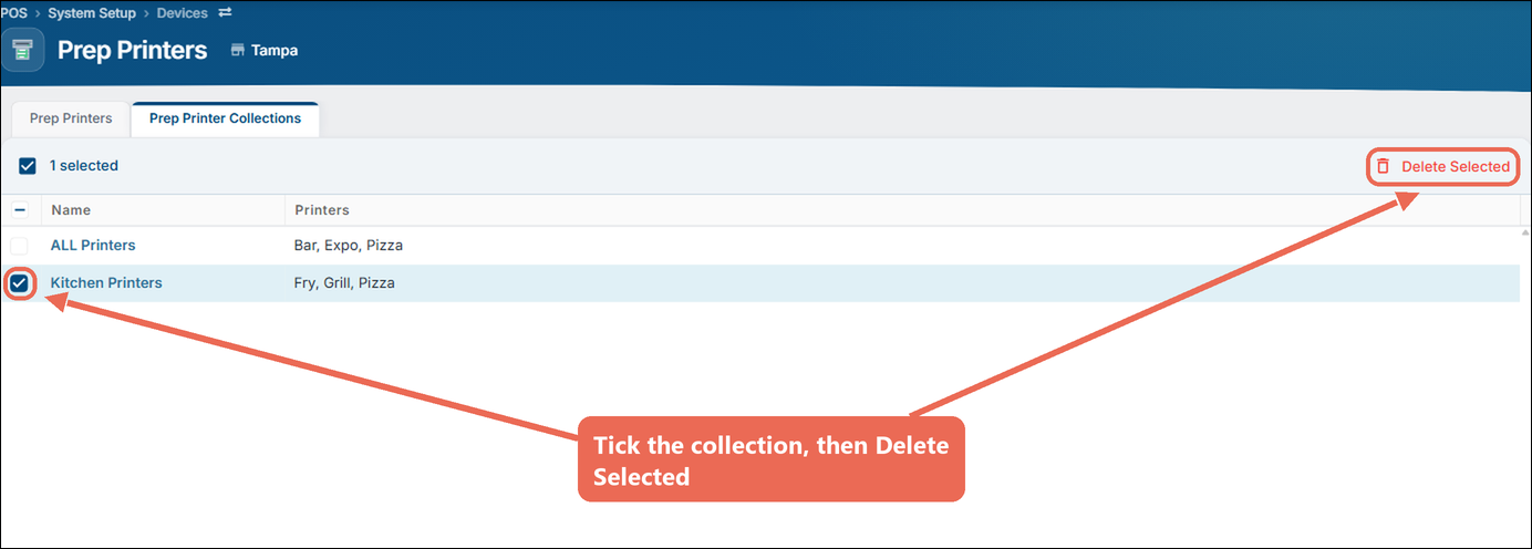 The Kitchen Printers collection checked on the Prep Printer Collections tab, and the Delete Selected button marked