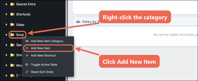 A category right-clicked in the item list with Add New Item marked in the menu that opens