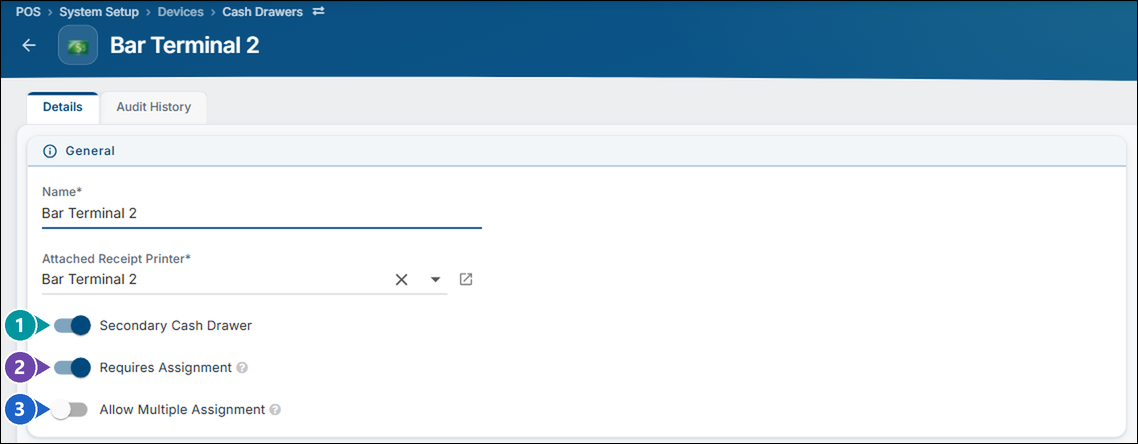 The Backoffice Cash Drawers page for Bar Terminal 2 with numbered markers on Secondary Cash Drawer, Requires Assignment and Allow Multiple Assignment