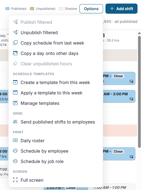 The Options menu, with Create a template from this week, Apply a template to this week and Manage templates