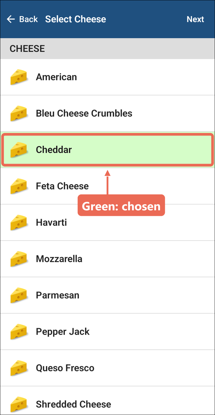 The Select Cheese question with Cheddar picked and shown in green
