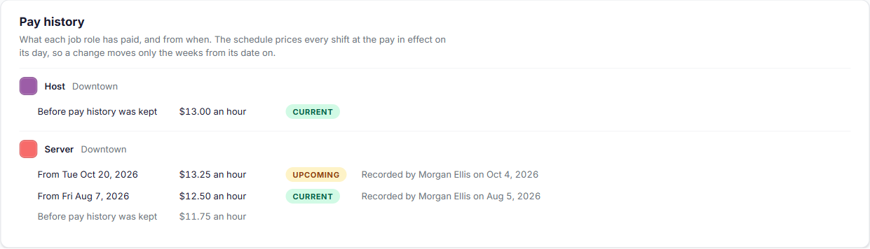 Pay history, with a current and an upcoming raise