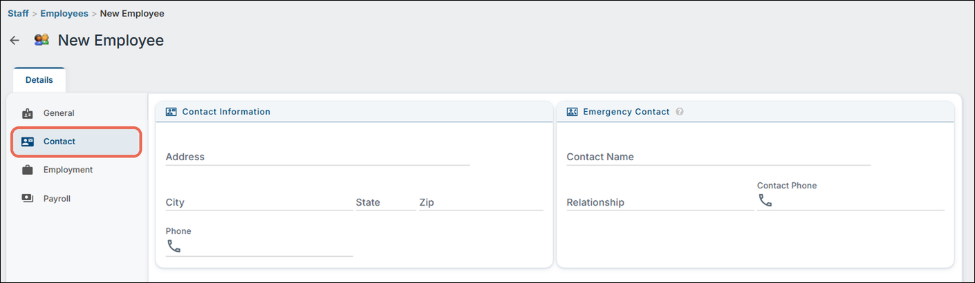 The New Employee page, Contact tab: Contact Information and Emergency Contact
