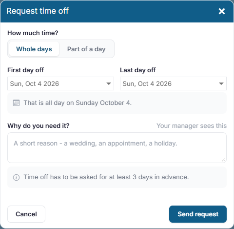 The Request time off window