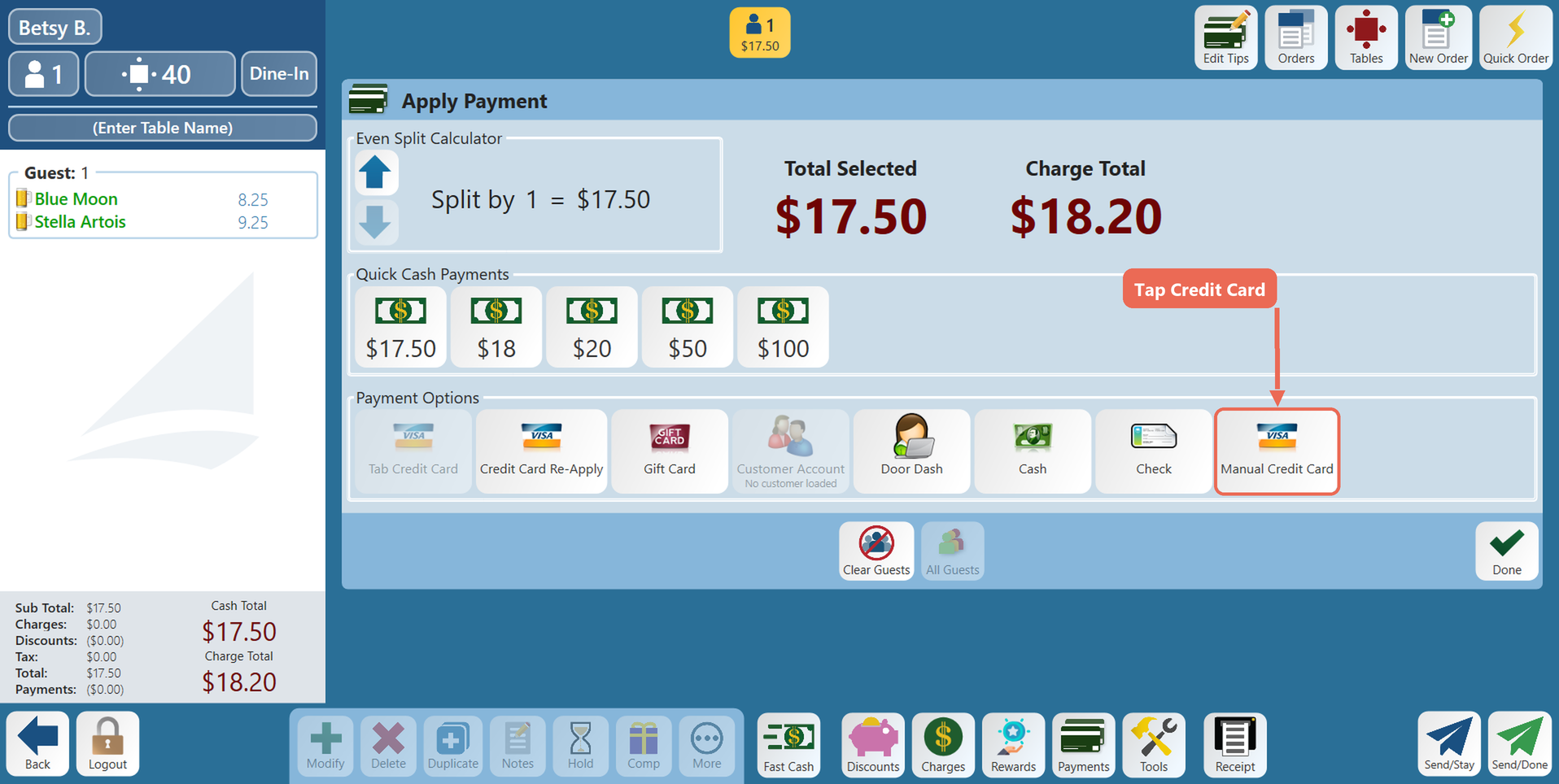 The Payments screen with the credit card button under Payment Options boxed, and the Tab Credit Card button still grey