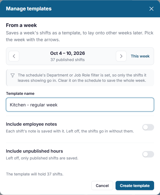 Manage templates' From a week, on a week of the schedule, with the template named Kitchen - regular week