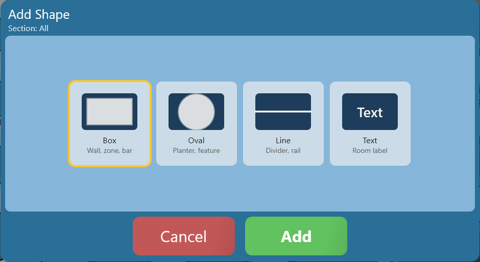 The Add Shape window: Box, Oval, Line and Text