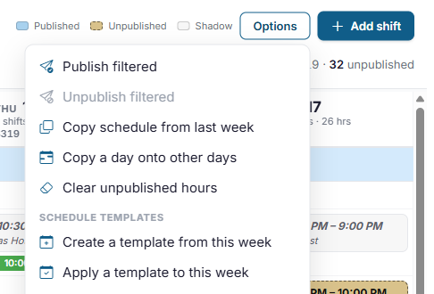 The Options menu with a filter on, showing Publish filtered