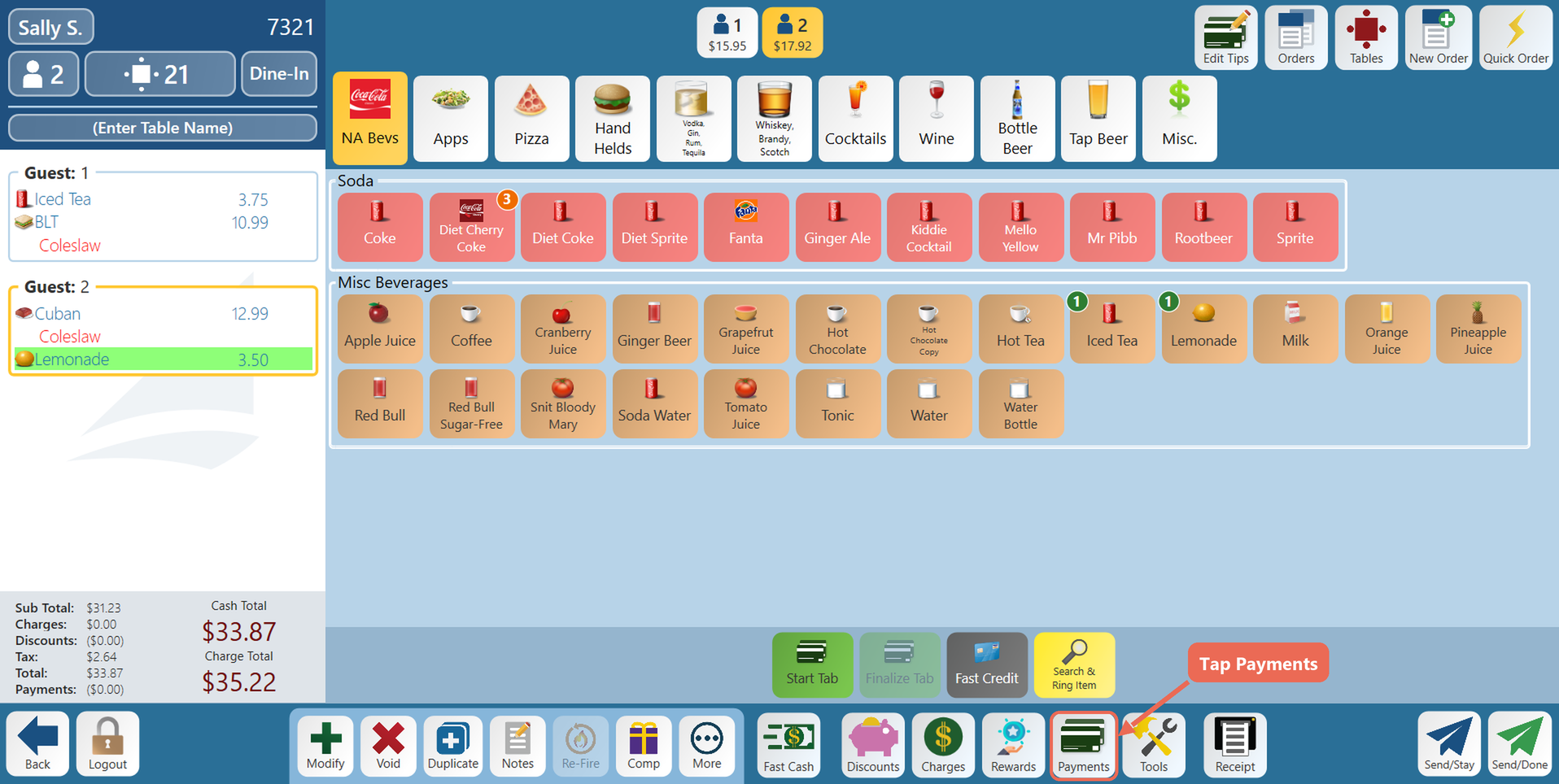 An order on table 21 with two guests, the Payments button on the bottom toolbar boxed
