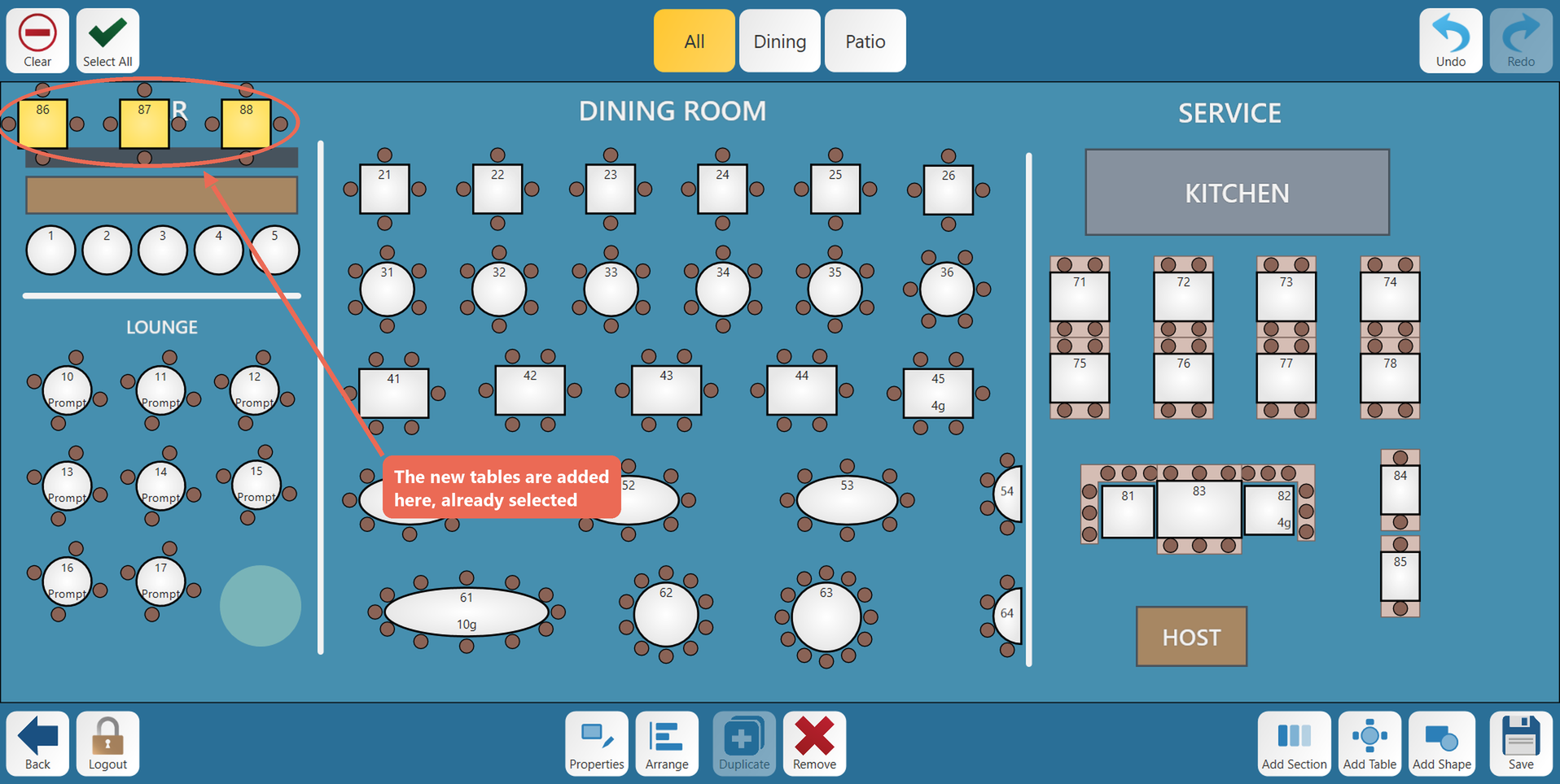 Three new tables, 86 to 88, selected at the top left of the floor plan