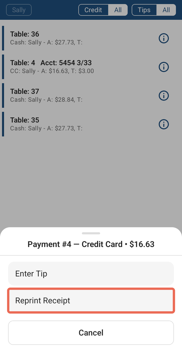 The options for Payment #4, Credit Card, $16.63, with Reprint Receipt marked