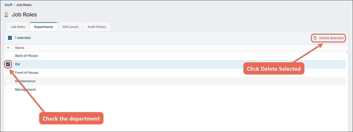 The Departments list with Bar checked and the Delete Selected button marked