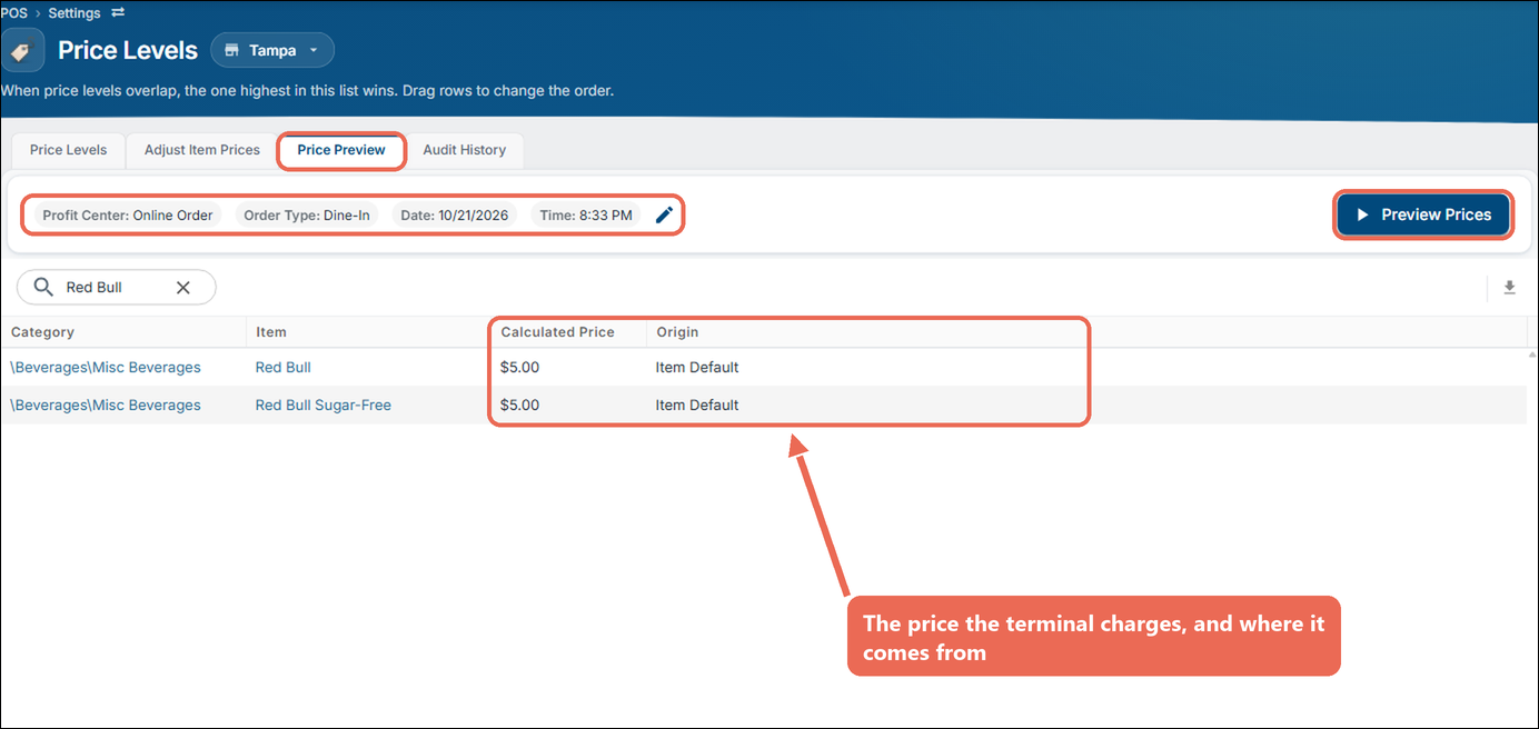 The Price Preview tab with the profit center, order type, date and time, the Preview Prices button, and the Calculated Price and Origin columns marked for Red Bull