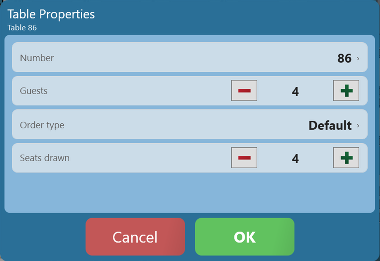 The Table Properties window for table 86