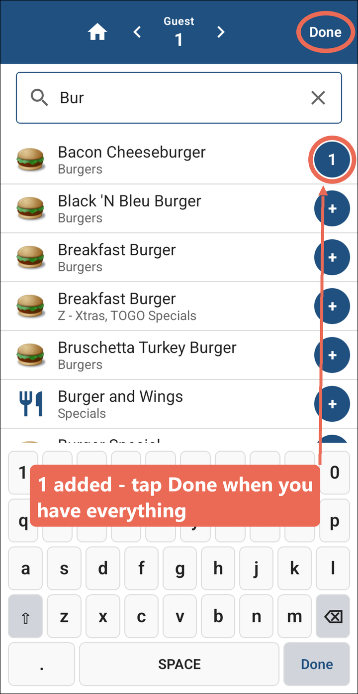 The search results with 1 showing on Bacon Cheeseburger's button and Done at the top marked