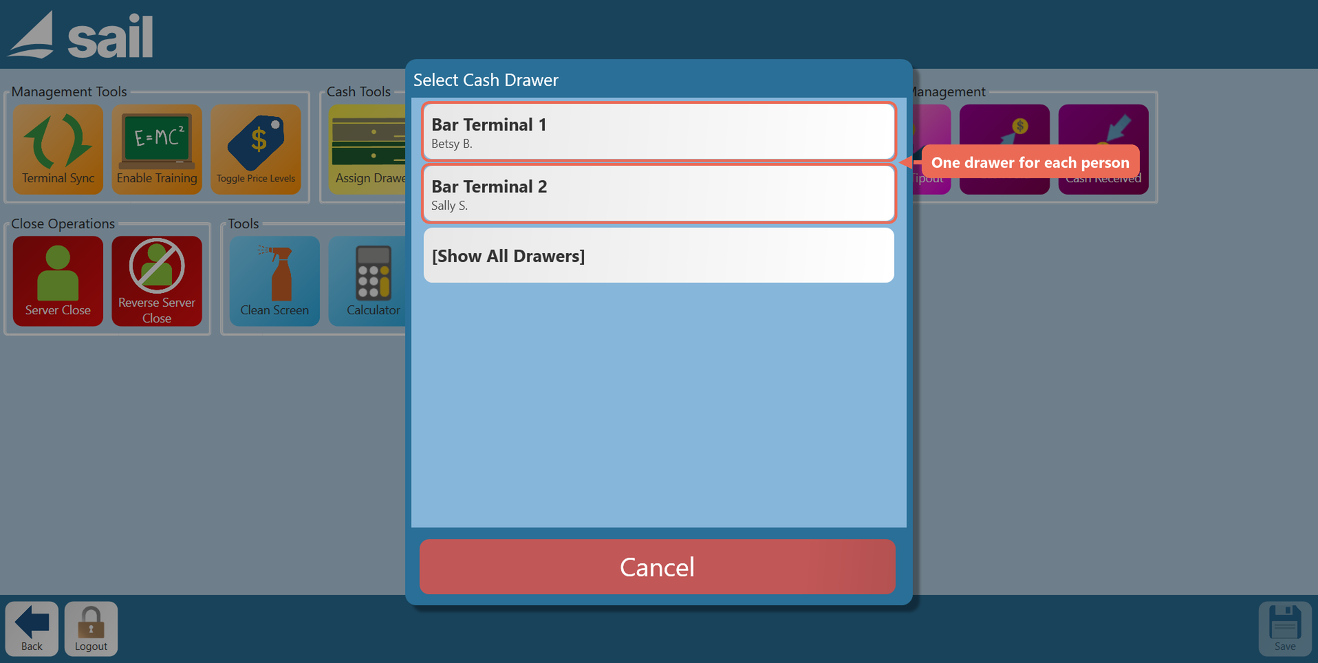 The Select Cash Drawer list with Bar Terminal 1 assigned to Betsy B. and Bar Terminal 2 assigned to Sally S., both boxed