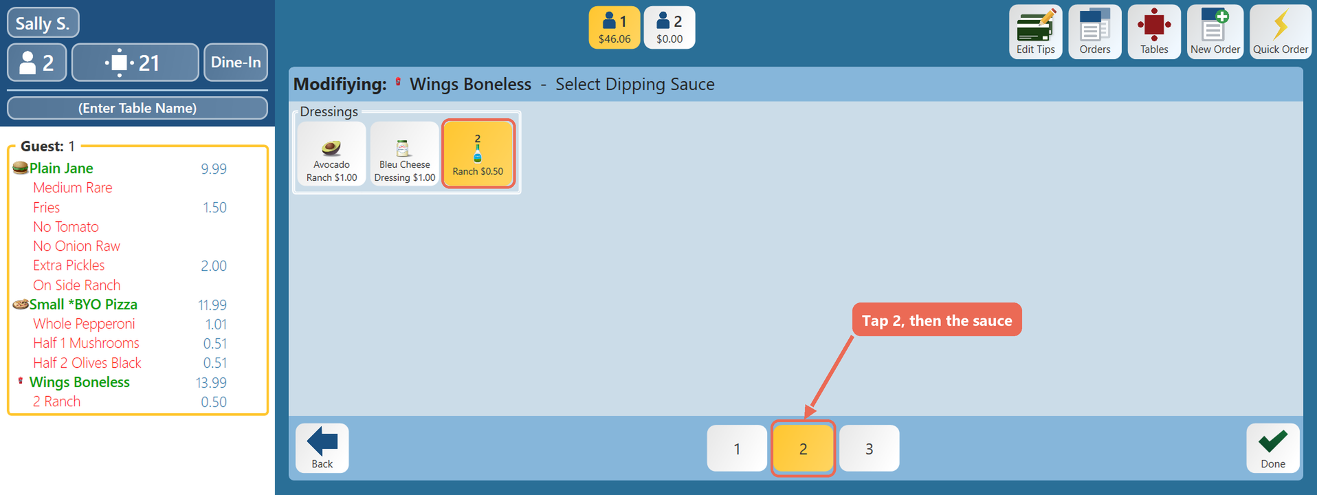The Select Dipping Sauce prompt for boneless wings with the 2 button boxed and Ranch boxed, showing 2
