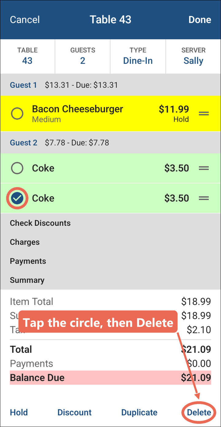 The order in Edit with the second Coke's circle ticked, and Delete marked at the bottom