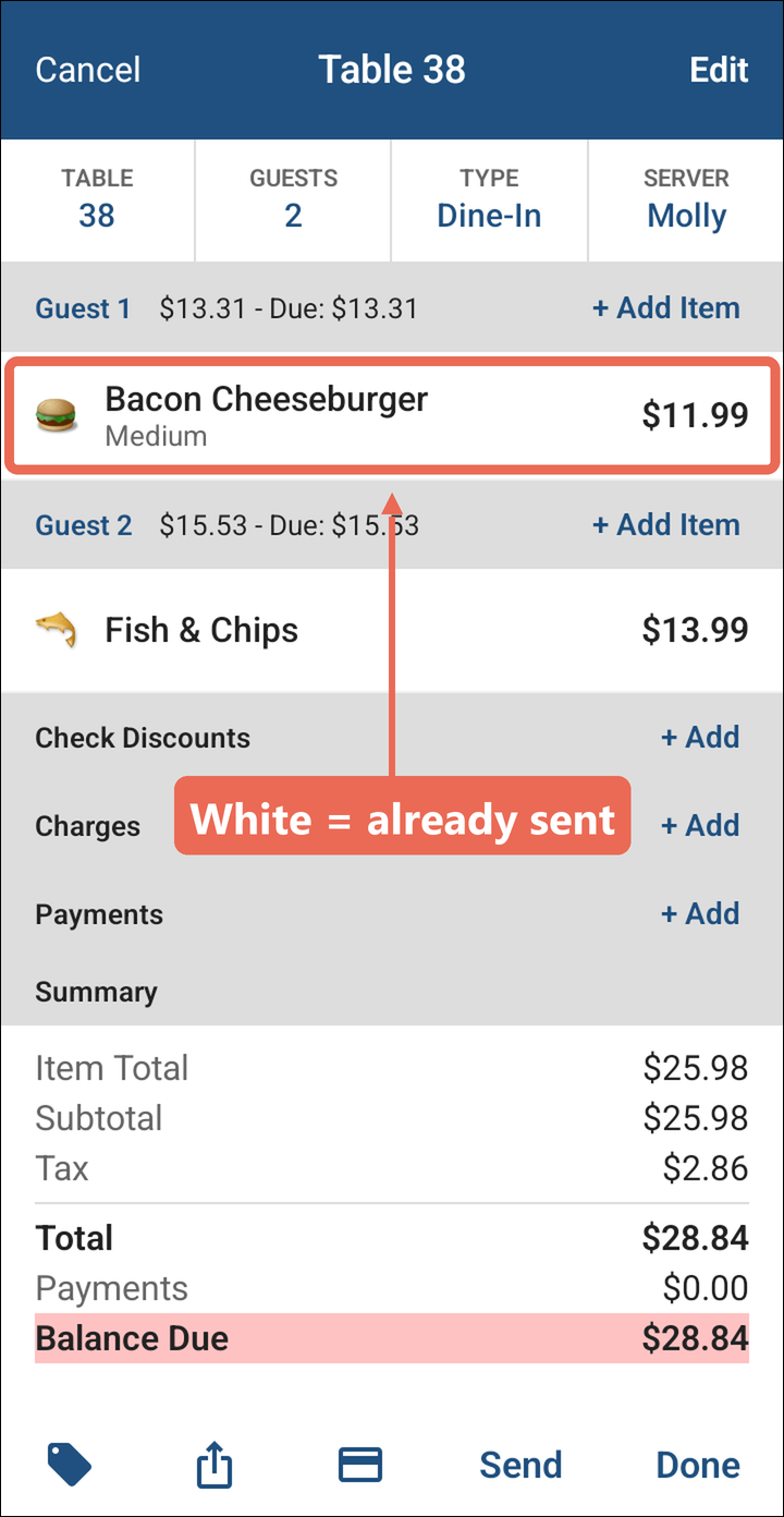 Table 38 with the white Bacon Cheeseburger marked: already sent