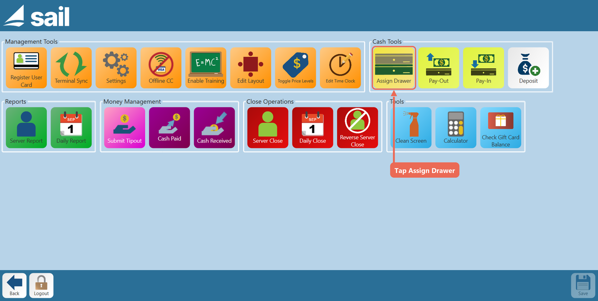 The Functions screen for a manager with the Assign Drawer button under Cash Tools boxed