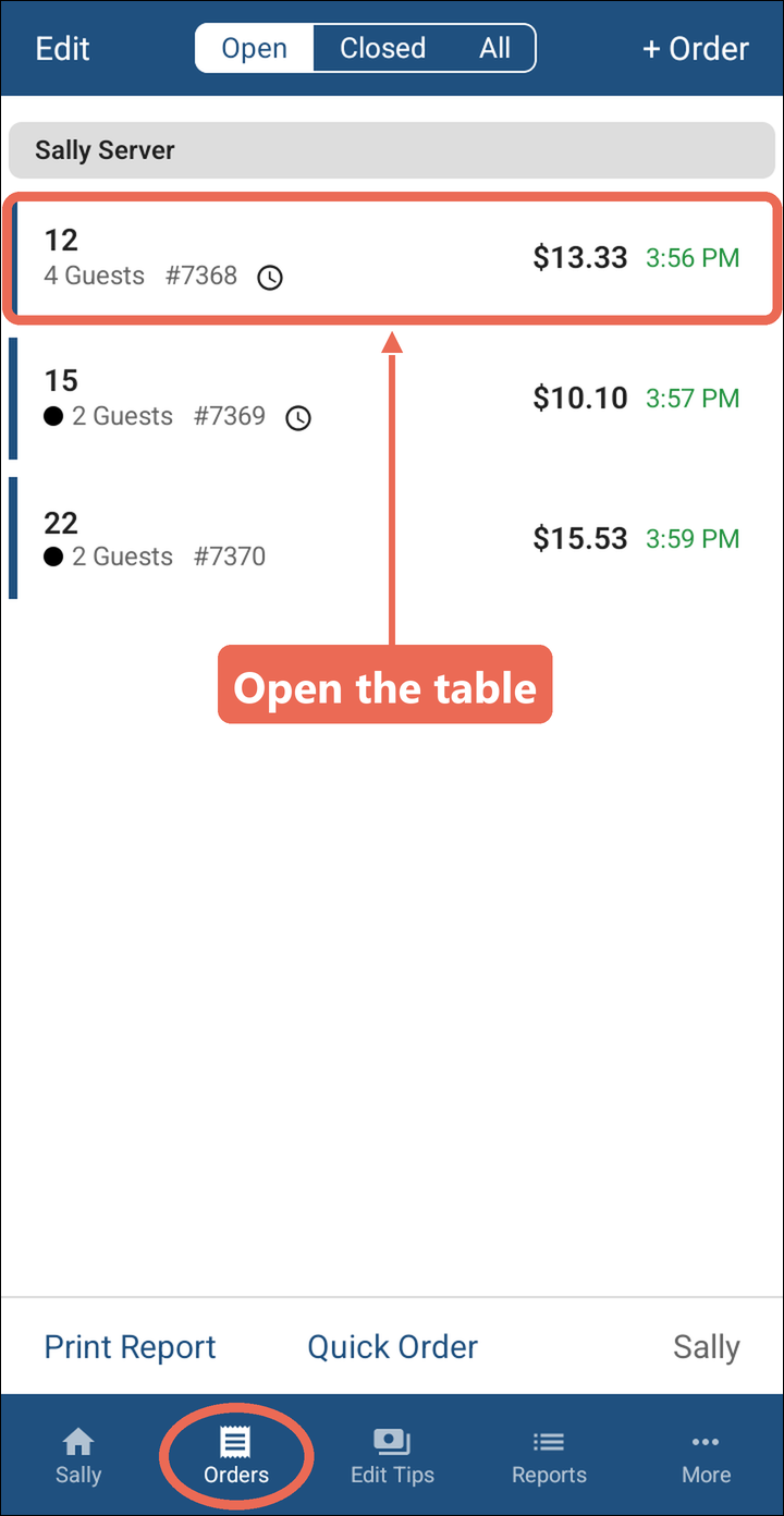 The Orders screen with Orders marked at the bottom and table 12 marked in the list