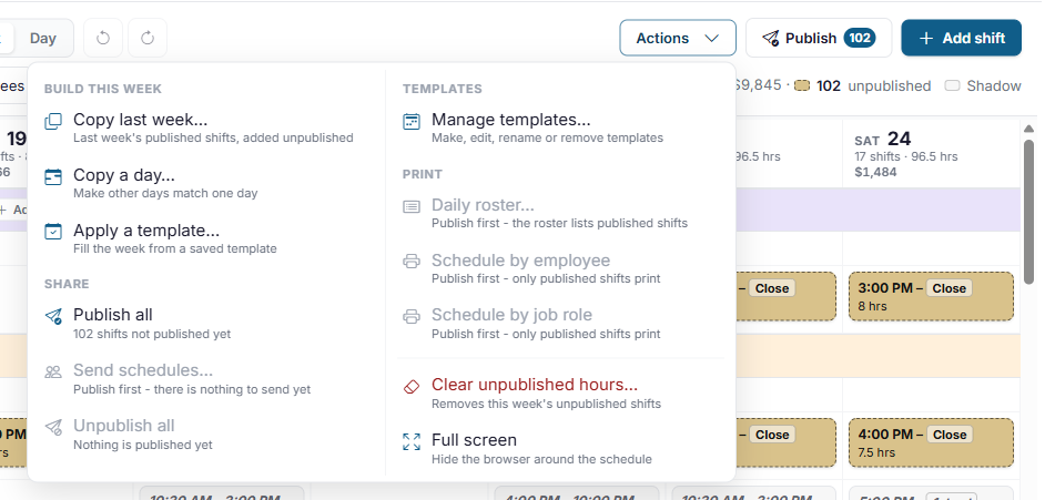 The Actions menu: Build this week and Share on the left, Templates and Print on the right, each item with a line saying what it does