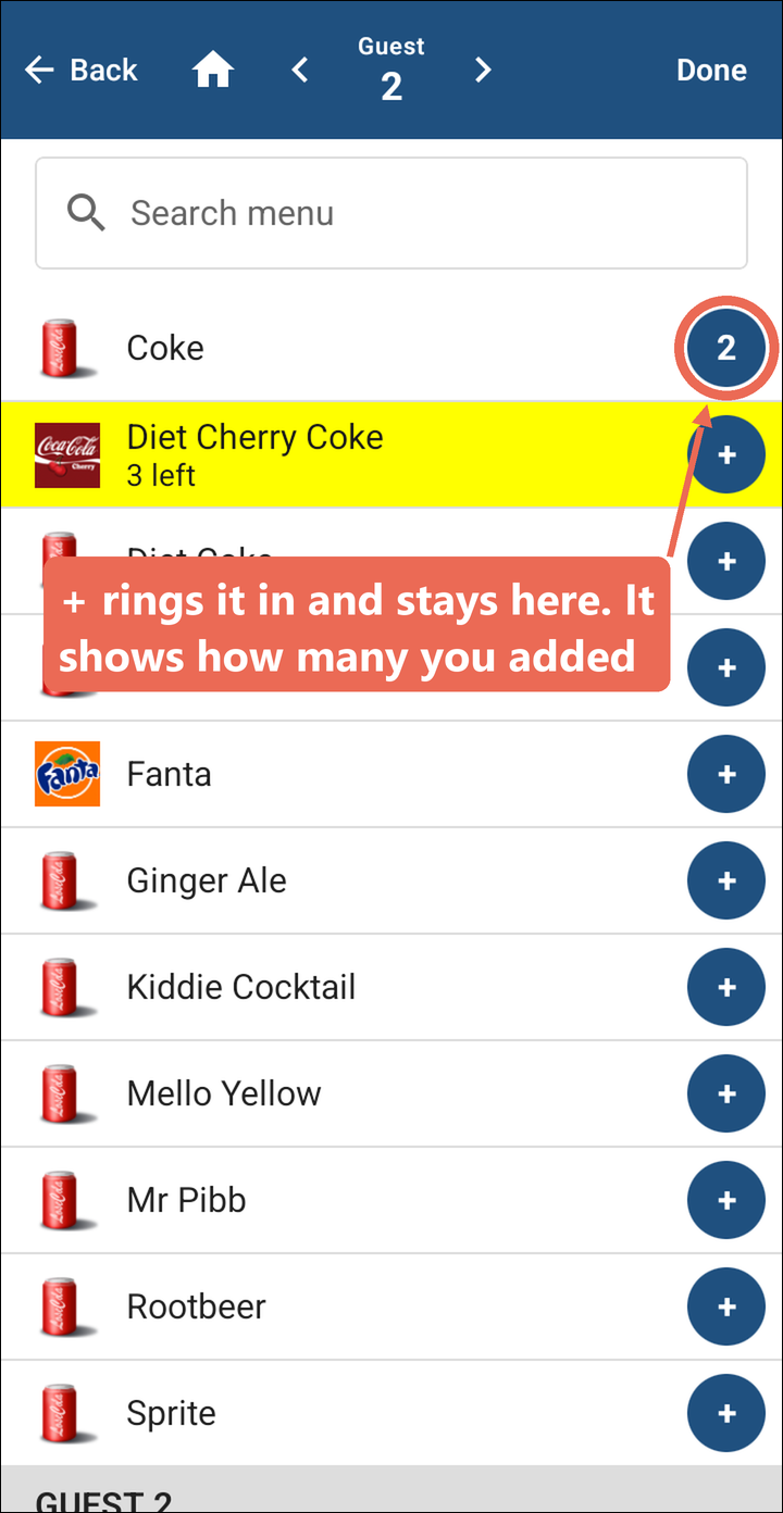 The Soda category with the button next to Coke showing 2 marked