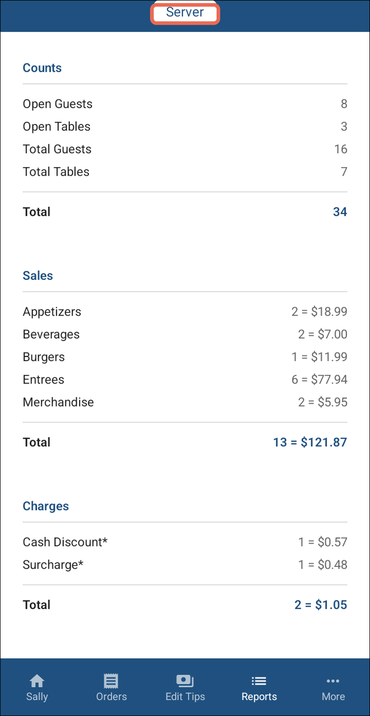 The Server report with Counts, Sales and Charges, and the Server tab marked at the top