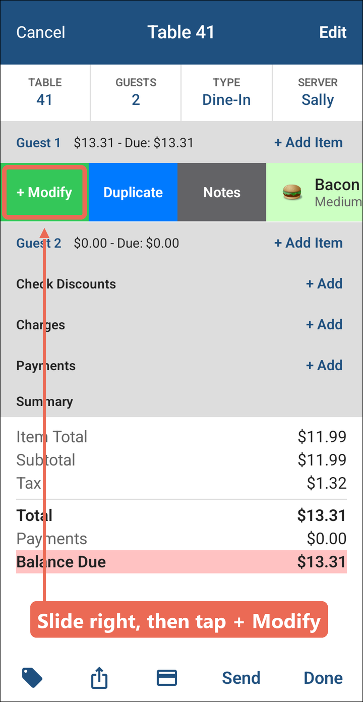 The Bacon Cheeseburger slid to the right, showing + Modify, Duplicate and Notes, with + Modify marked