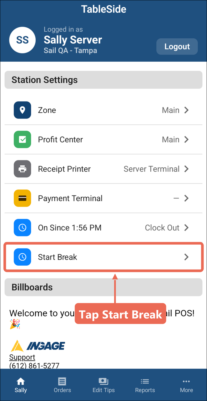 The home screen with the Start Break row marked