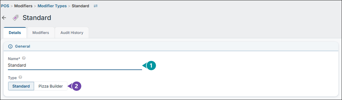 The Details tab of the Standard modifier type, numbered 1 Name and 2 Type