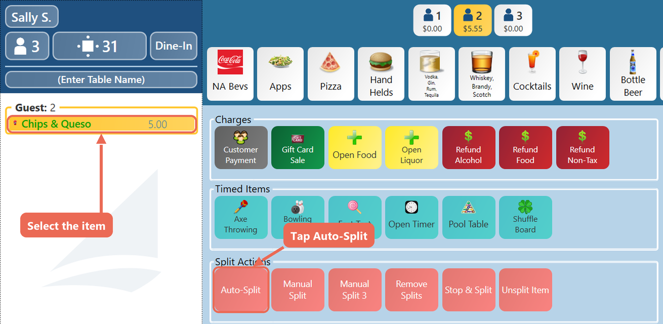 Chips & Queso selected on the order and the Auto-Split button marked