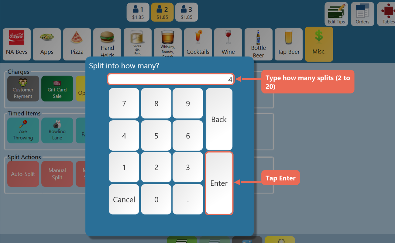 The Split into how many? keypad with 4 typed and the Enter button marked