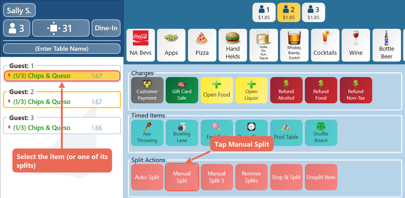 A split of Chips & Queso selected on guest 1 and the Manual Split button marked