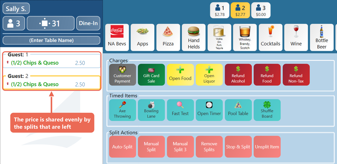 Chips & Queso now split (1/2) between guests 1 and 2