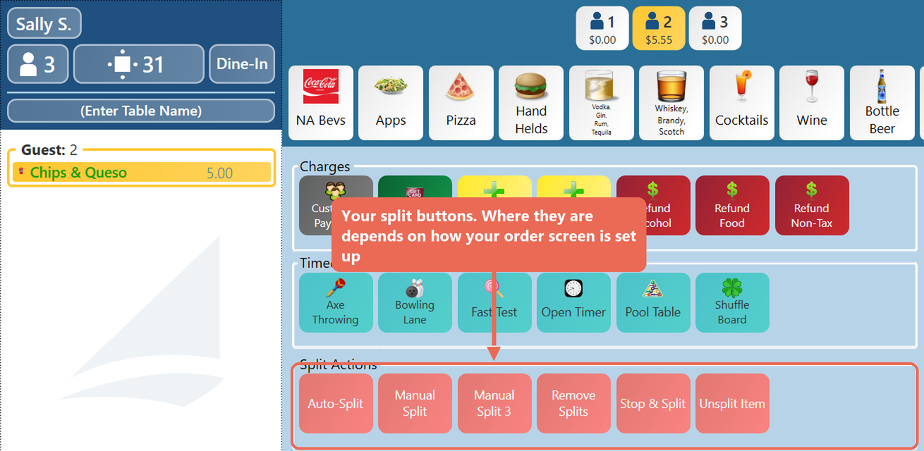 The order screen with a group of split buttons: Auto-Split, Manual Split, Remove Splits and Unsplit Item