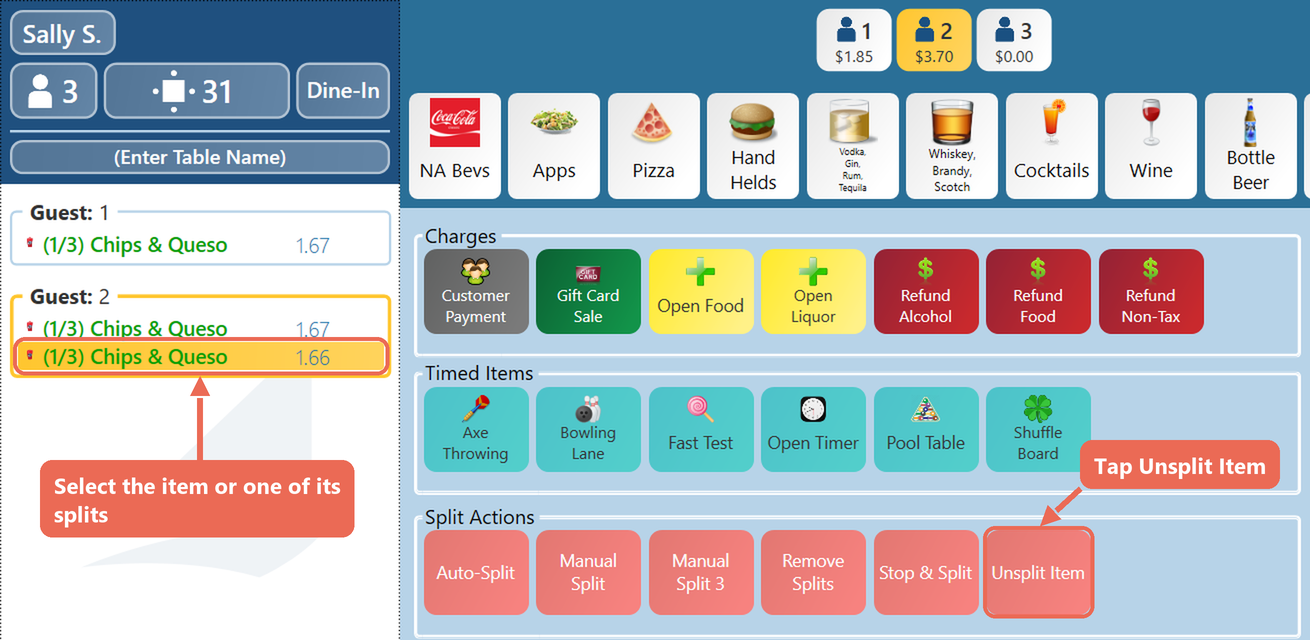 One of guest 2's splits of Chips & Queso selected and the Unsplit Item button marked
