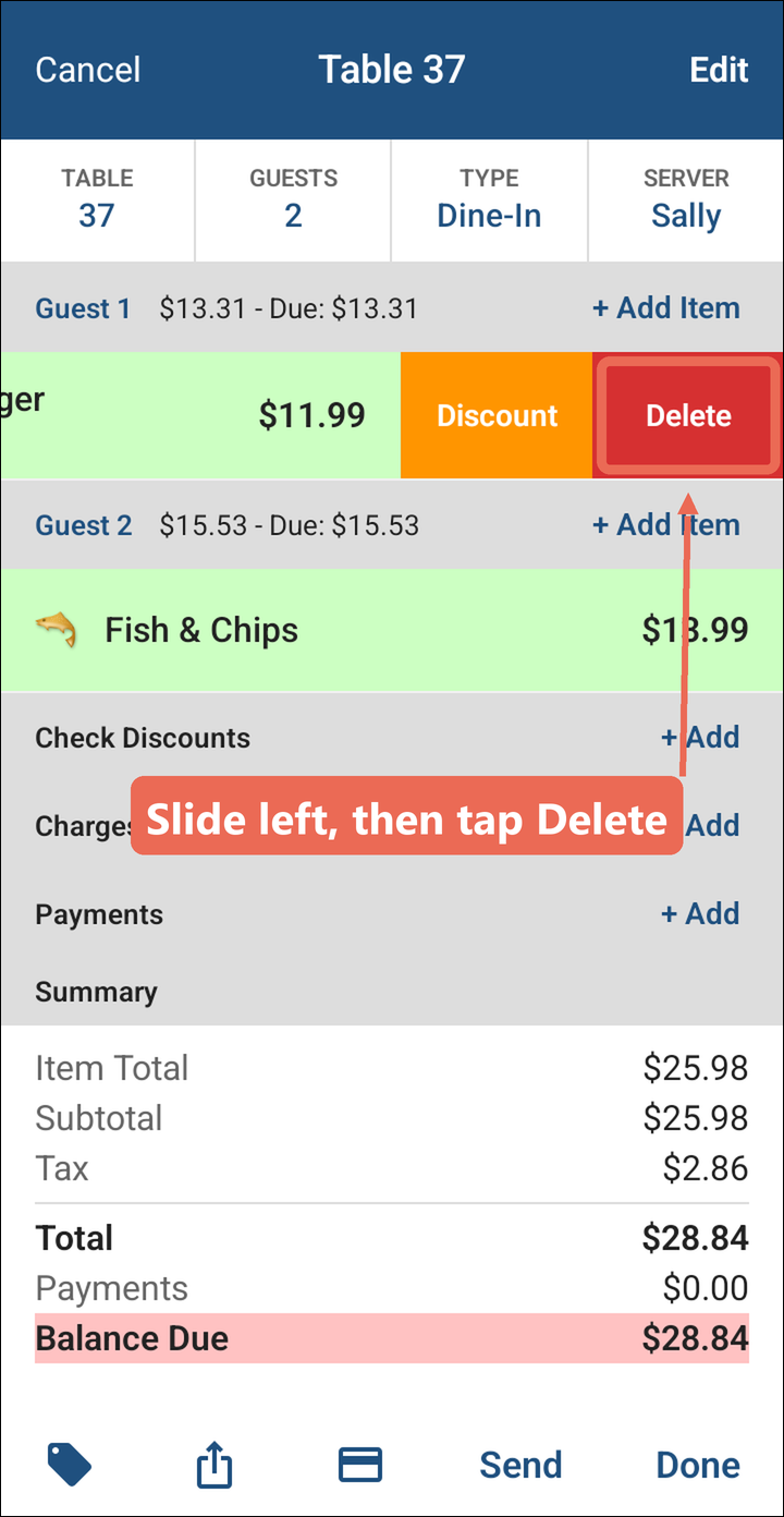 The Bacon Cheeseburger slid to the left with Delete marked