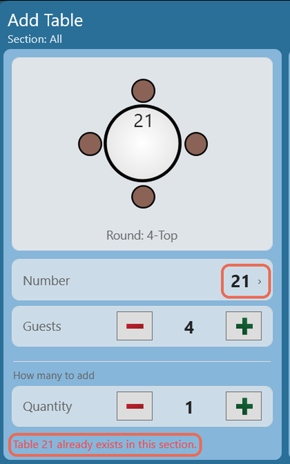 Table 21 already exists in this section, shown under the Quantity