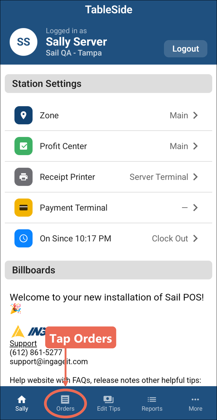 The handheld home screen with Orders marked in the bar at the bottom