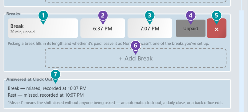 The Breaks section of a shift, with numbered markers
