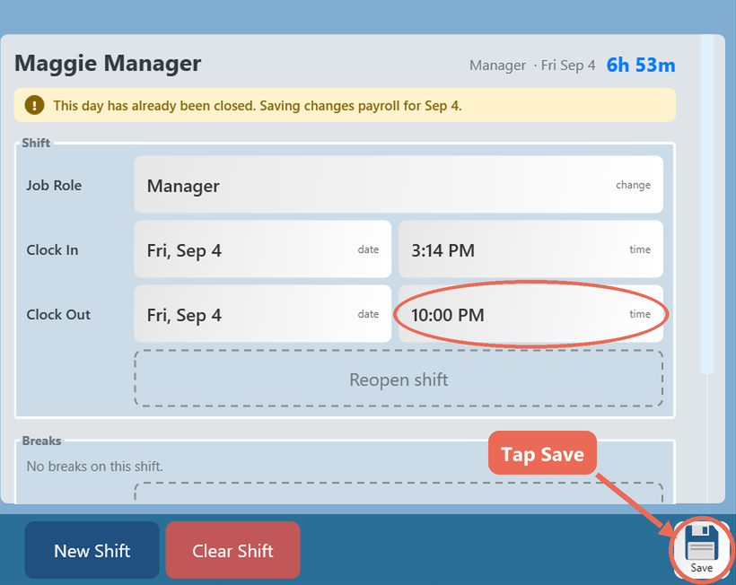 The changed clock out time and the Save button circled