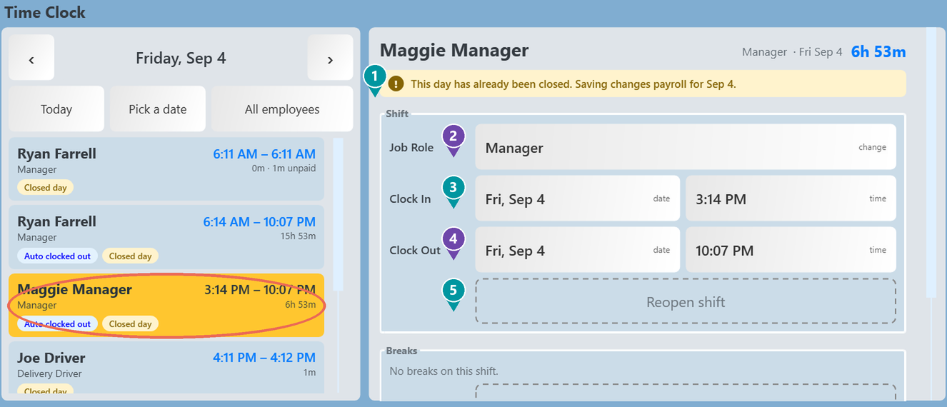 A shift opened on the Time Clock screen, with numbered markers