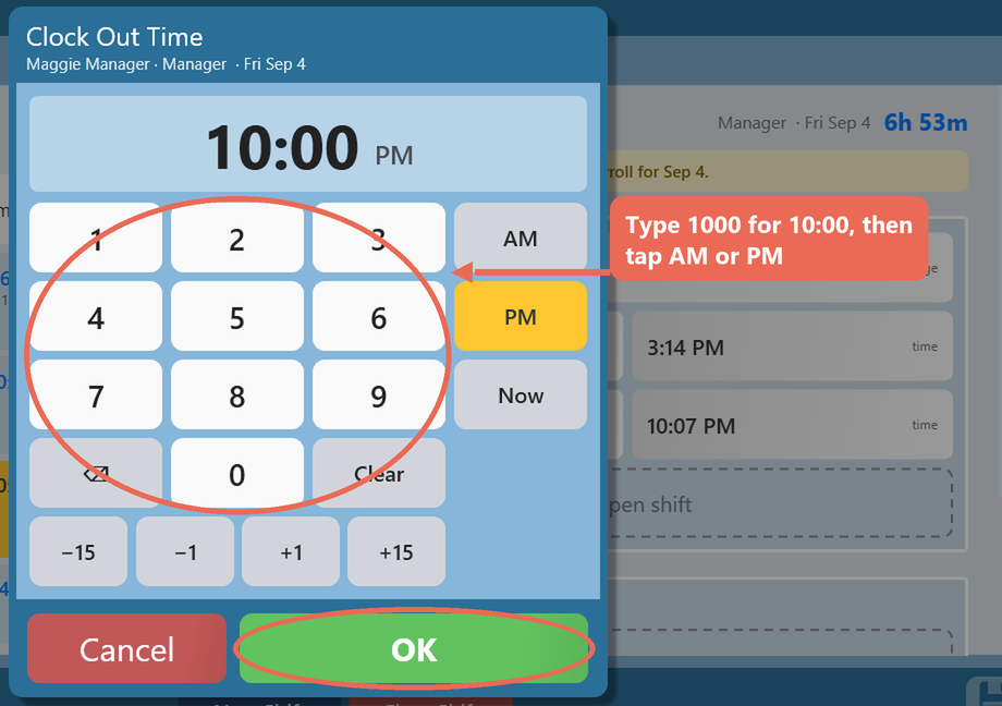 The time keypad with 10:00 PM typed in