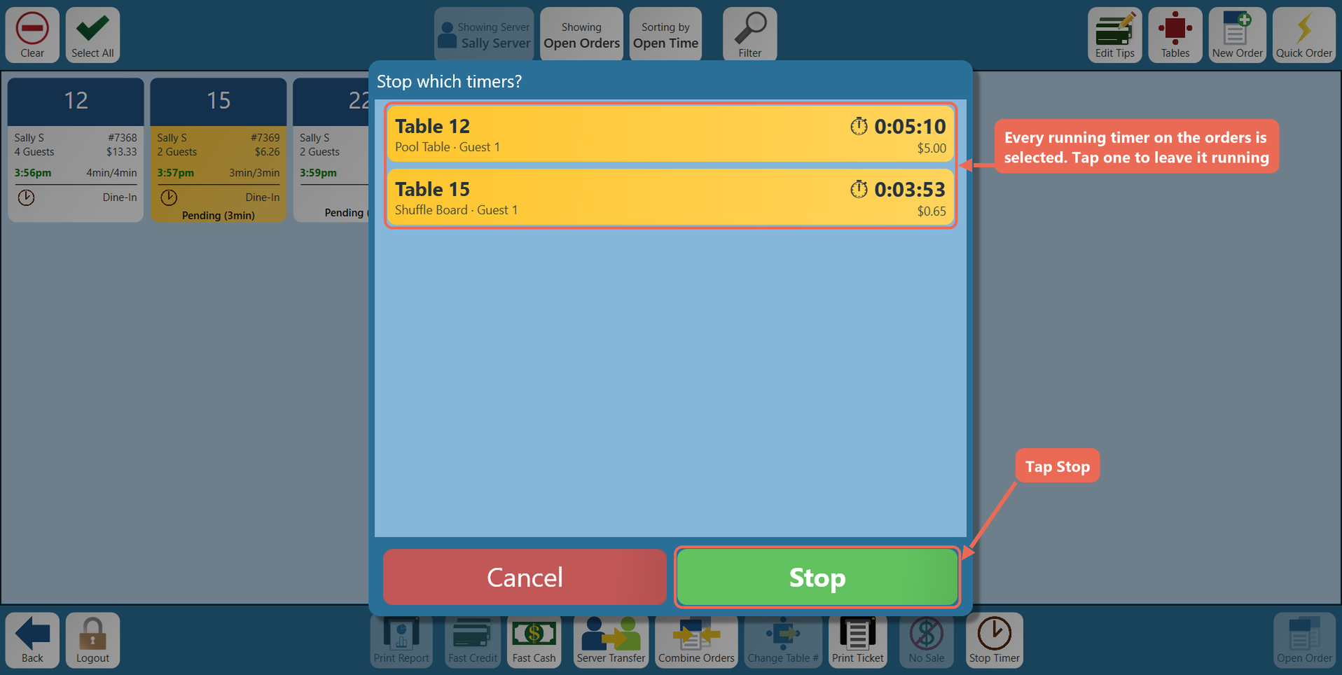 The Stop which timers? window listing Table 12 Pool Table 0:05:10 $5.00 and Table 15 Shuffle Board 0:03:53 $0.65, both selected, and the Stop button marked