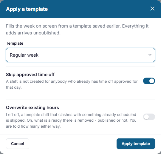 The Apply a template window