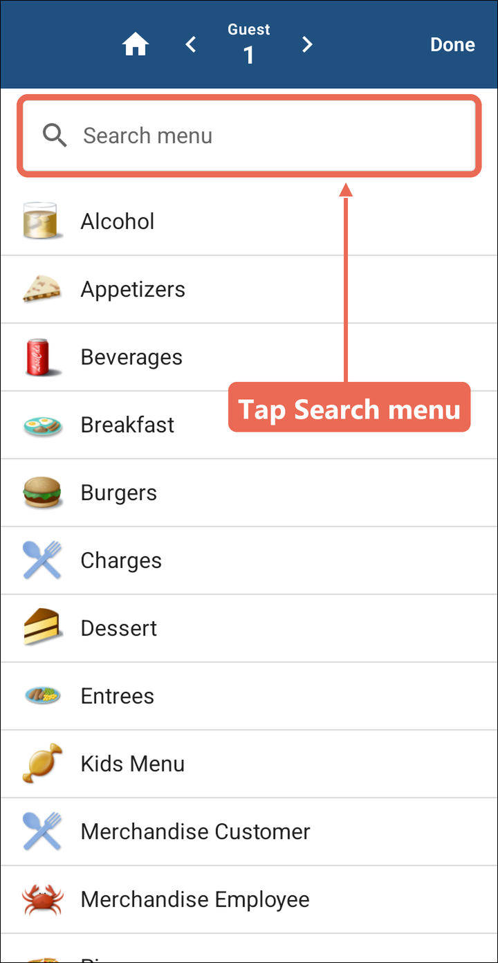 The Add Item screen for Guest 1 with the Search menu box marked above the categories